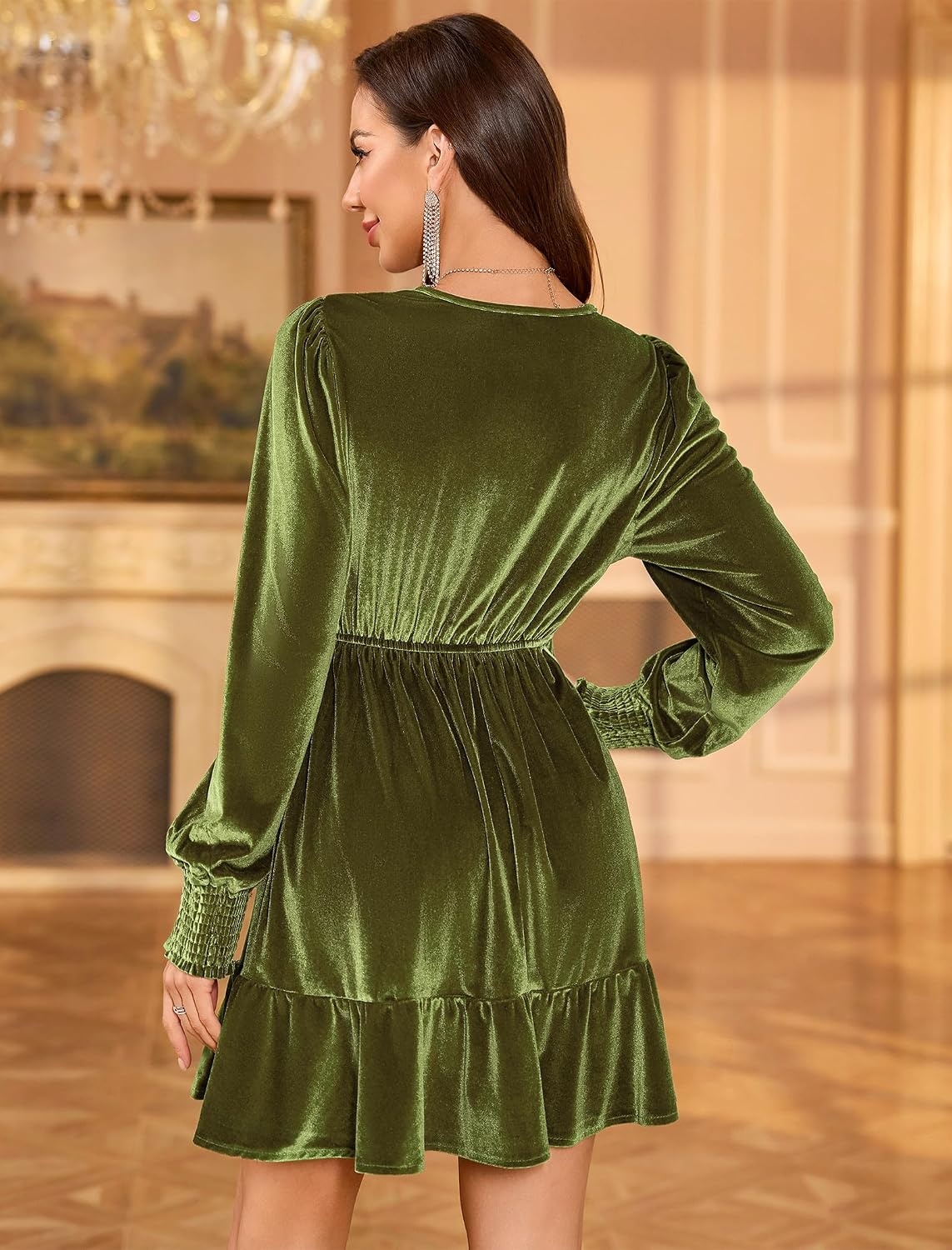 image:imageZAFUL Womens Velvet Dress V Neck Long Sleeve Cocktail Party DressesArmy Green