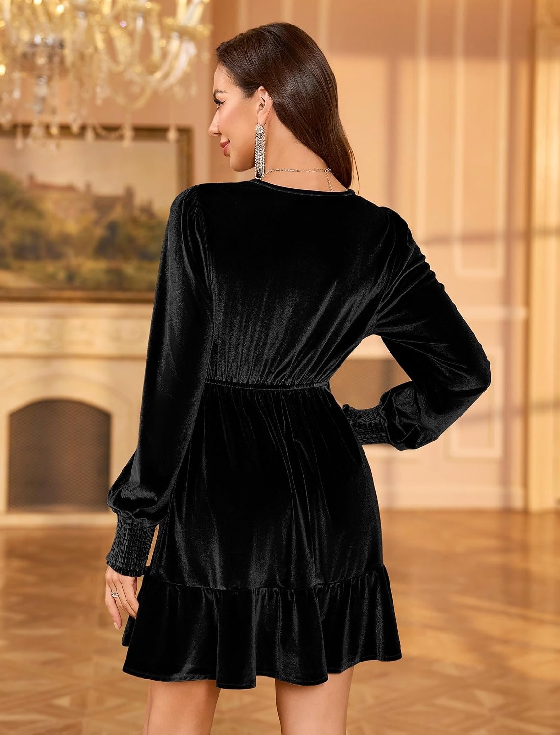 image:imageZAFUL Womens Velvet Dress V Neck Long Sleeve Cocktail Party DressesBlack
