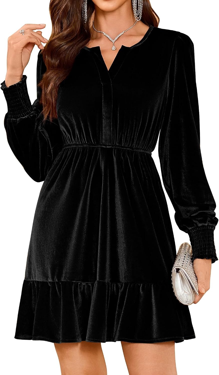 image:imageZAFUL Womens Velvet Dress V Neck Long Sleeve Cocktail Party DressesBlack