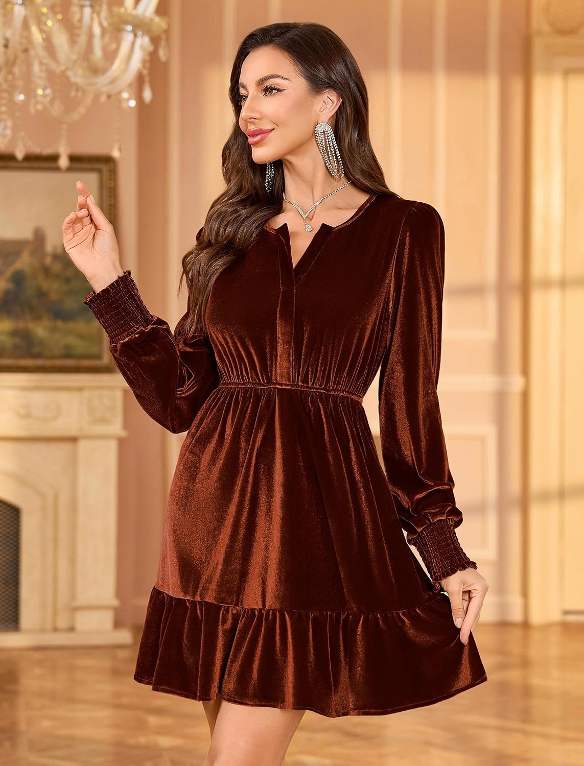 image:imageZAFUL Womens Velvet Dress V Neck Long Sleeve Cocktail Party DressesBrown
