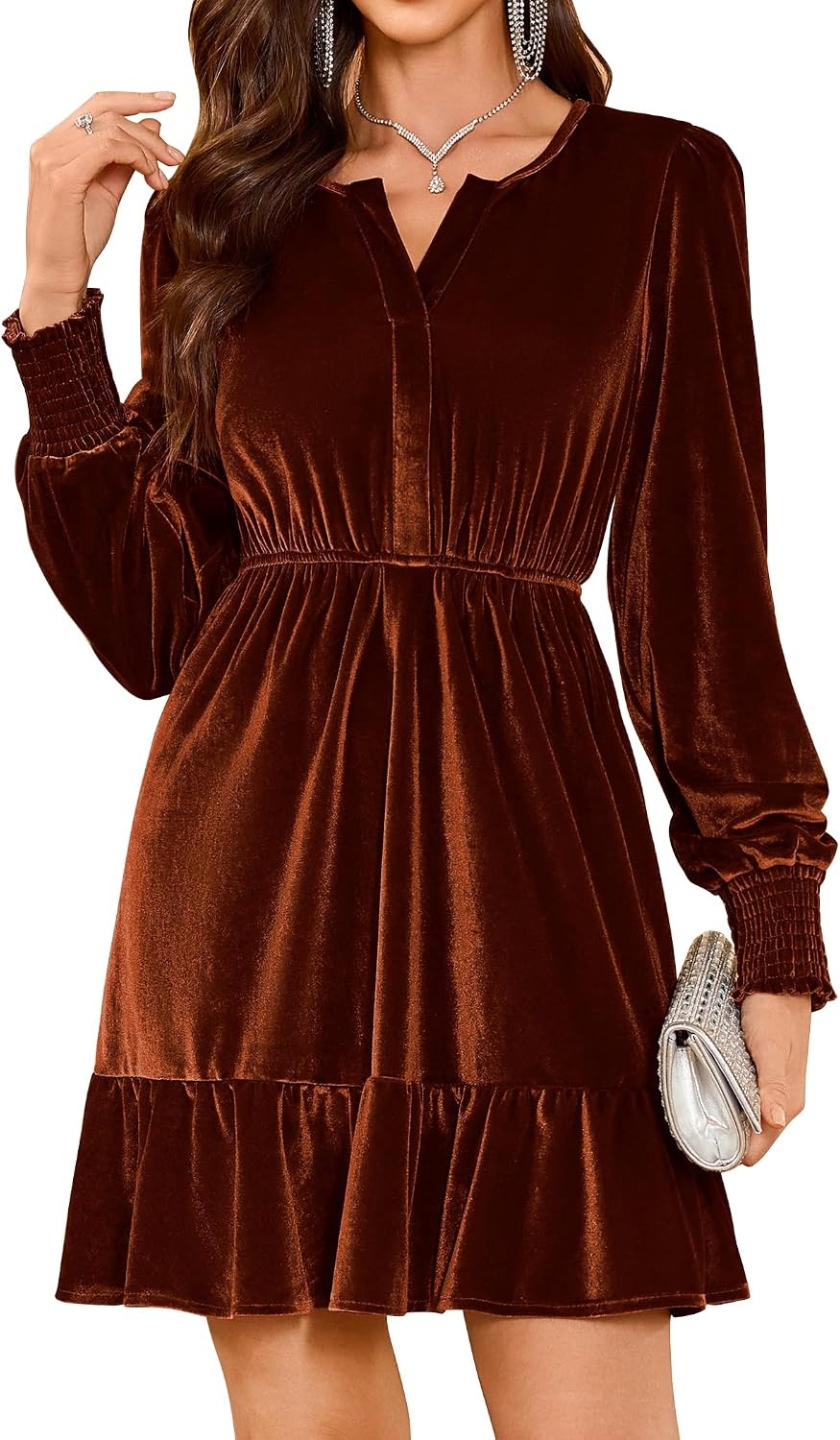 image:imageZAFUL Womens Velvet Dress V Neck Long Sleeve Cocktail Party DressesBrown