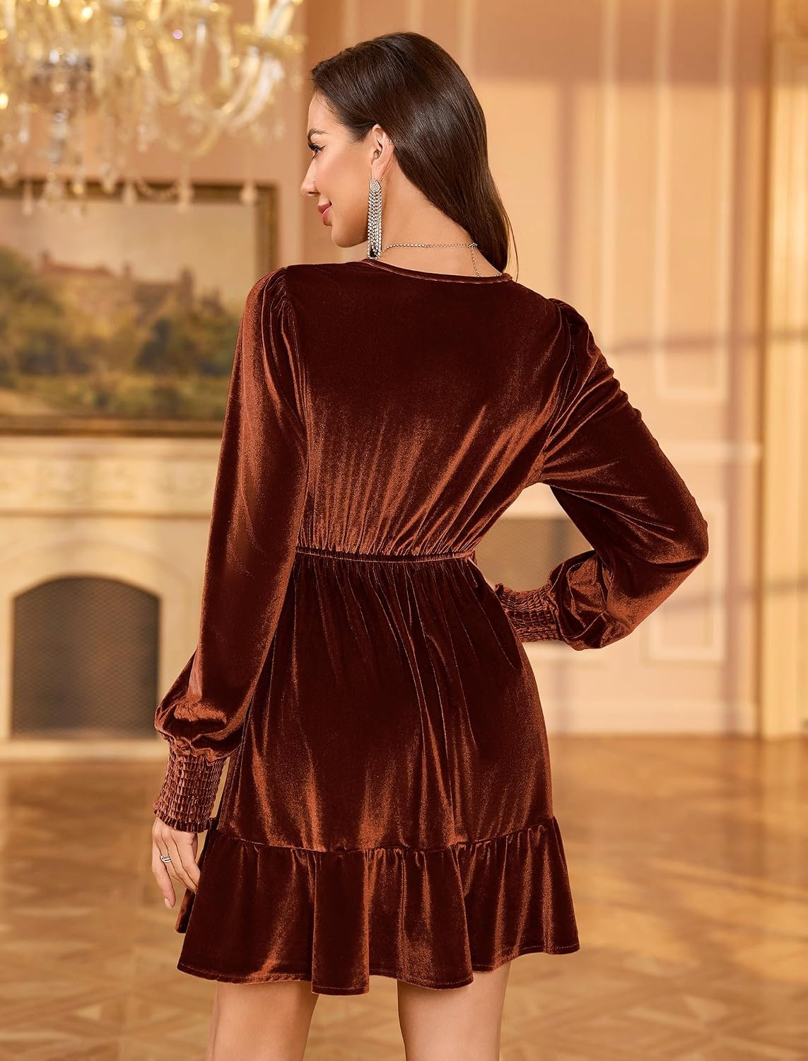 image:imageZAFUL Womens Velvet Dress V Neck Long Sleeve Cocktail Party DressesBrown