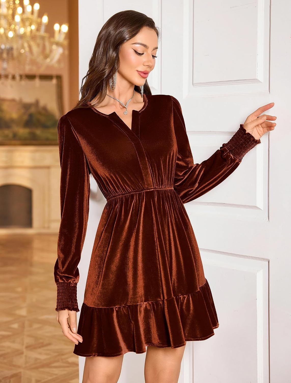 image:imageZAFUL Womens Velvet Dress V Neck Long Sleeve Cocktail Party DressesBrown