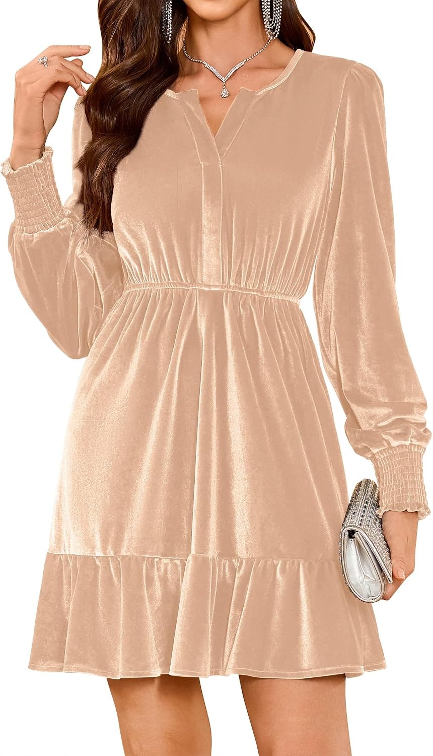 image:imageZAFUL Womens Velvet Dress V Neck Long Sleeve Cocktail Party DressesChampagne