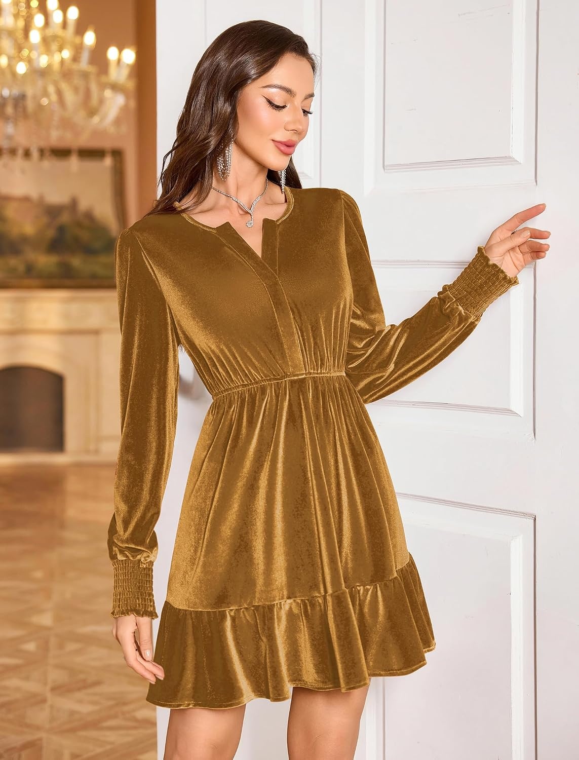 image:imageZAFUL Womens Velvet Dress V Neck Long Sleeve Cocktail Party DressesGold