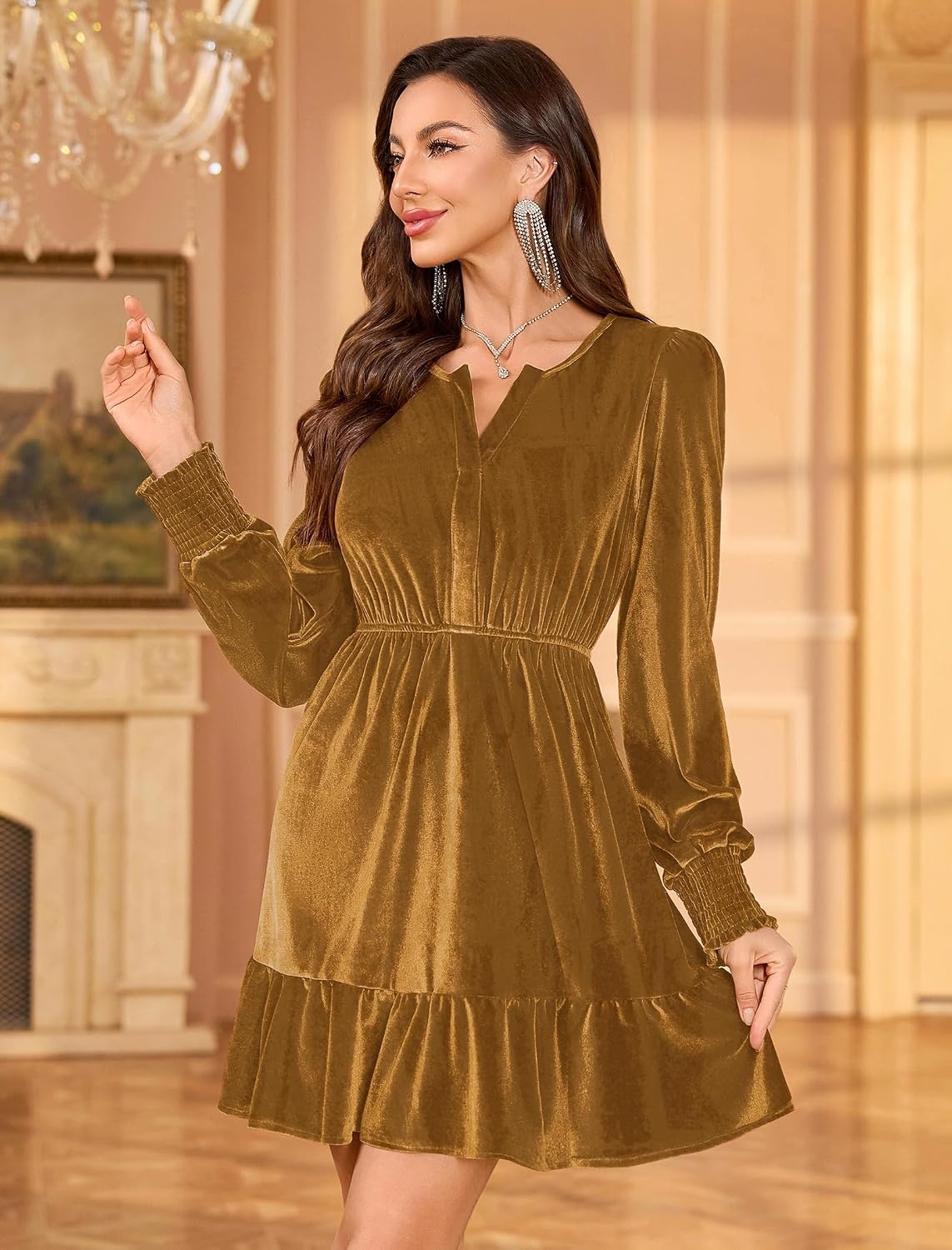 image:imageZAFUL Womens Velvet Dress V Neck Long Sleeve Cocktail Party DressesGold