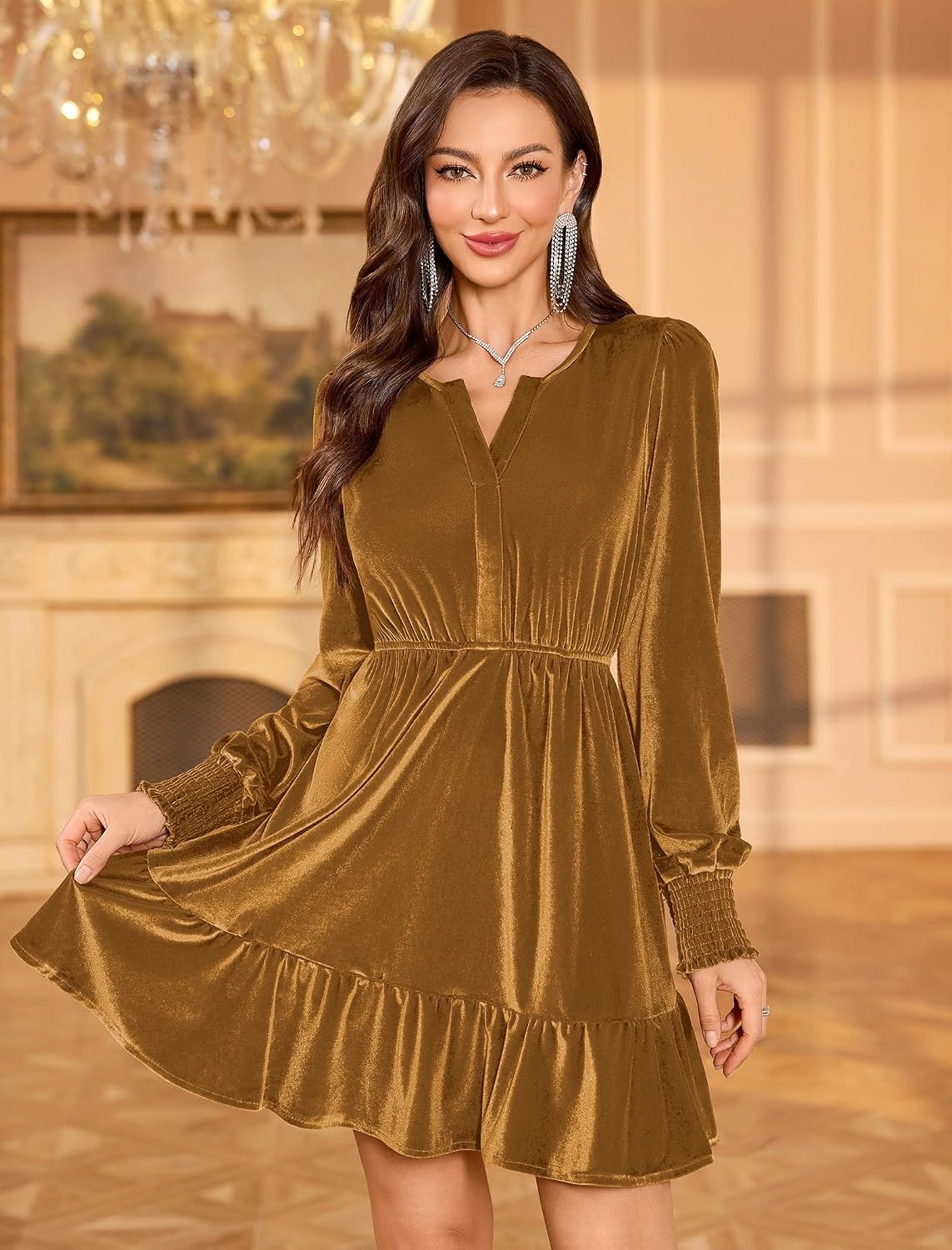 image:imageZAFUL Womens Velvet Dress V Neck Long Sleeve Cocktail Party DressesGold