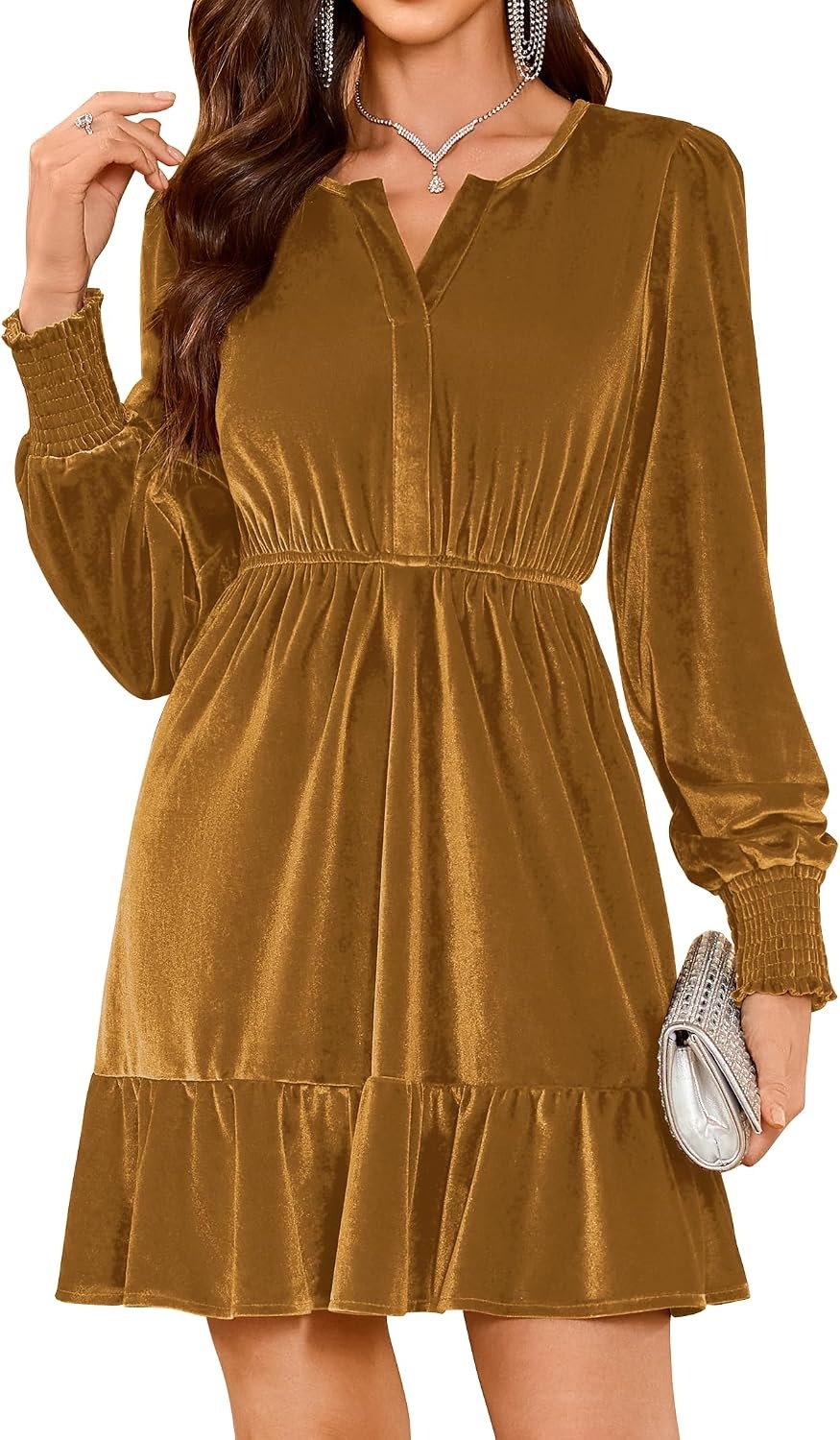 image:imageZAFUL Womens Velvet Dress V Neck Long Sleeve Cocktail Party DressesGold
