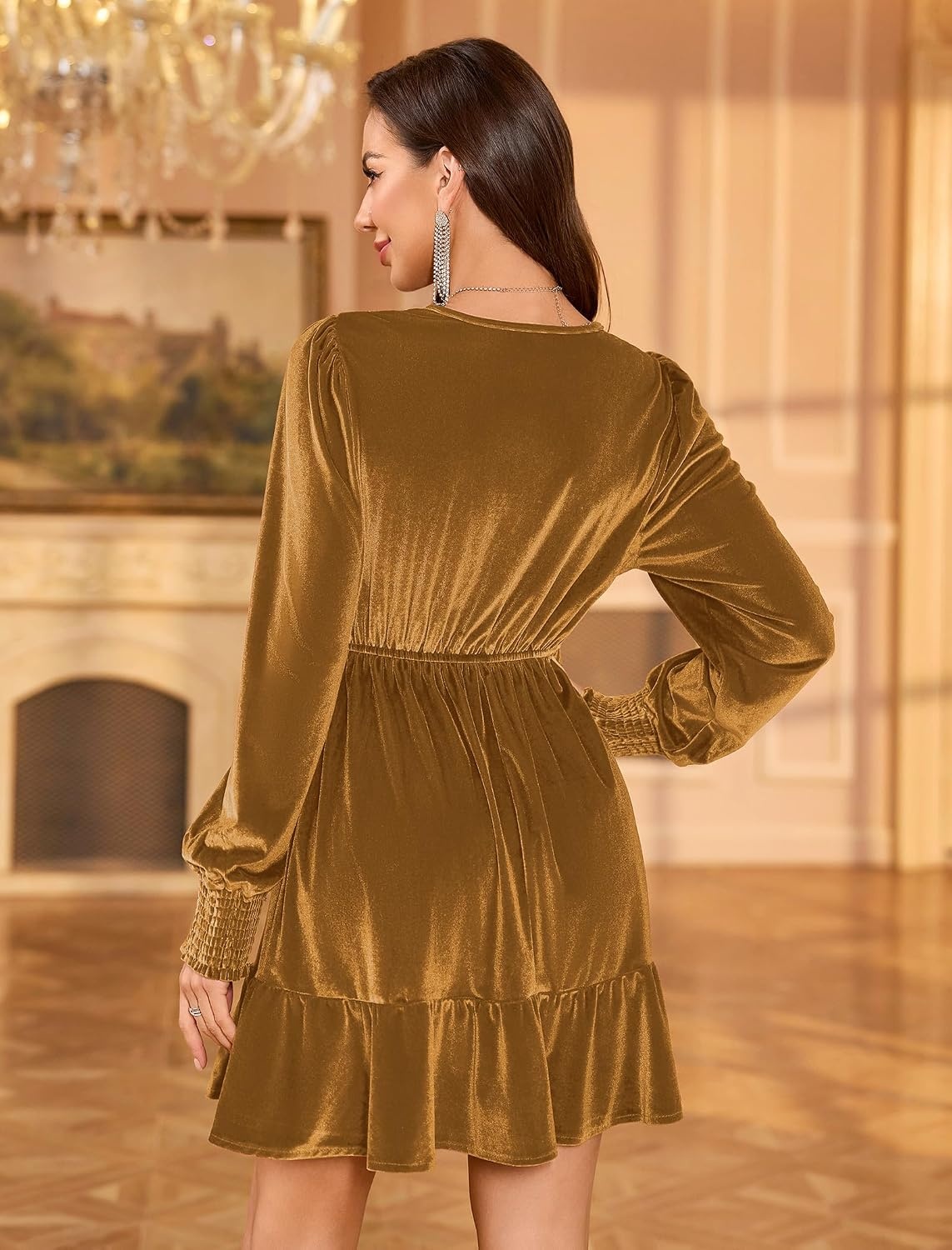 image:imageZAFUL Womens Velvet Dress V Neck Long Sleeve Cocktail Party DressesGold