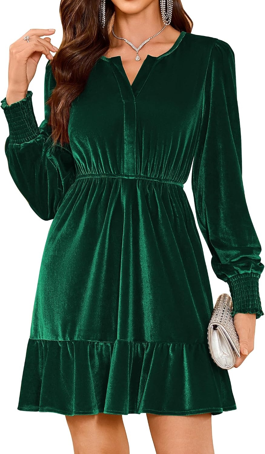 image:imageZAFUL Womens Velvet Dress V Neck Long Sleeve Cocktail Party DressesGreen