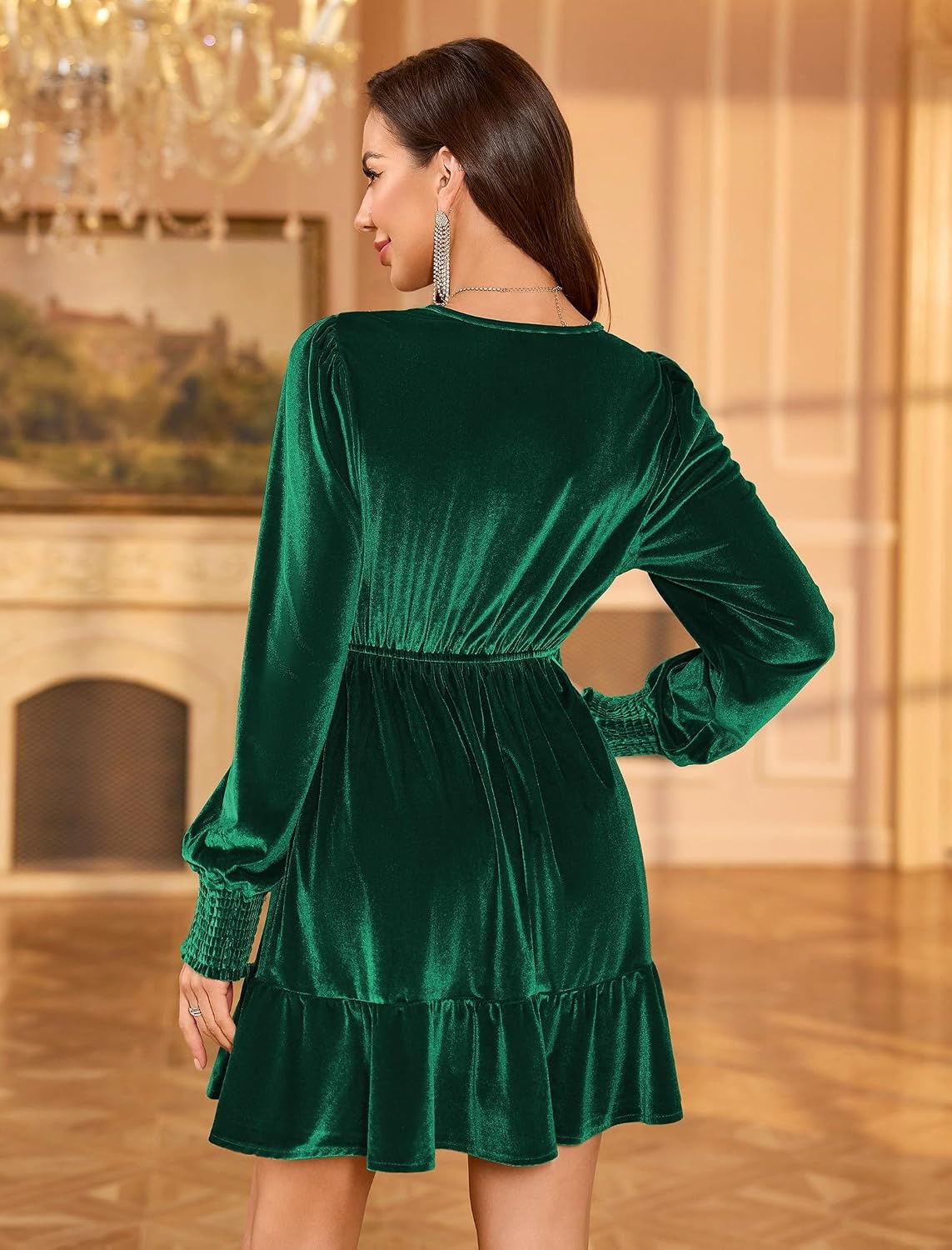 image:imageZAFUL Womens Velvet Dress V Neck Long Sleeve Cocktail Party DressesGreen