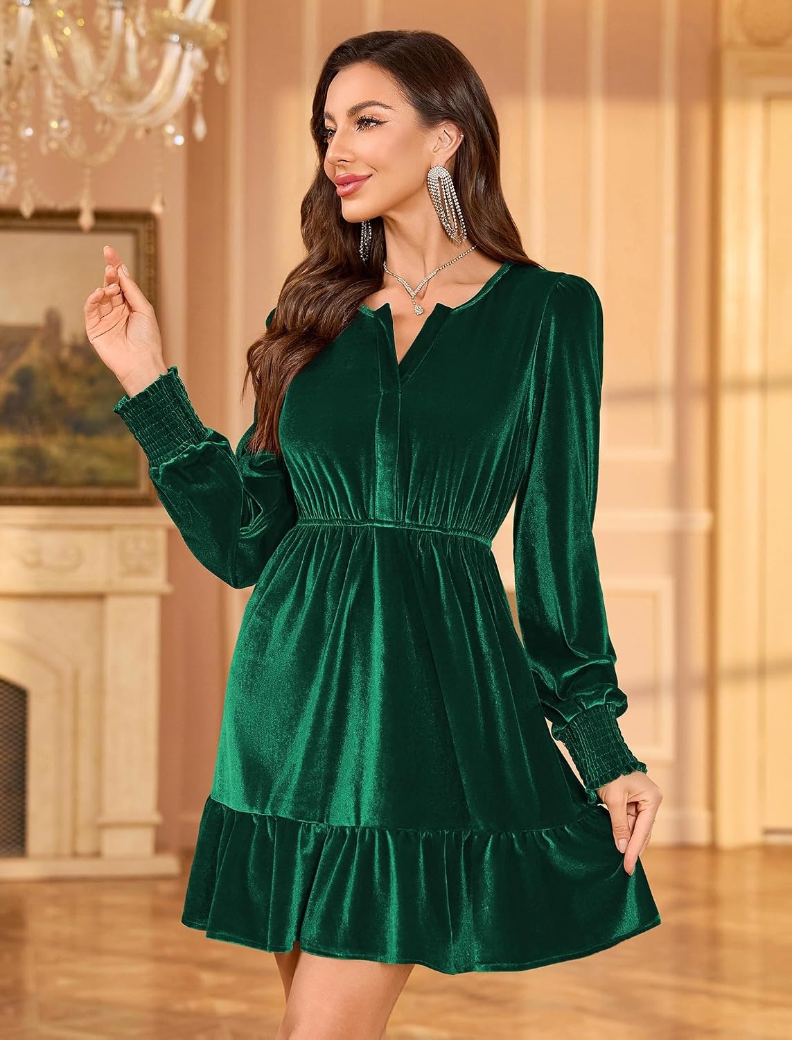 image:imageZAFUL Womens Velvet Dress V Neck Long Sleeve Cocktail Party DressesGreen