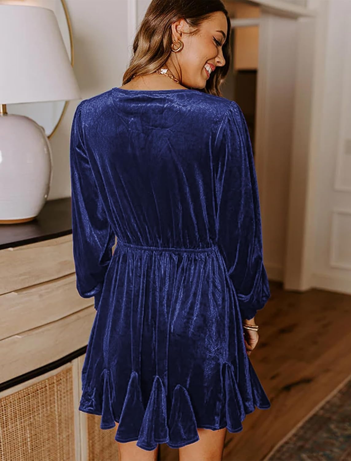 image:imageZAFUL Womens Velvet Dress V Neck Long Sleeve Cocktail Party DressesNavy Blue