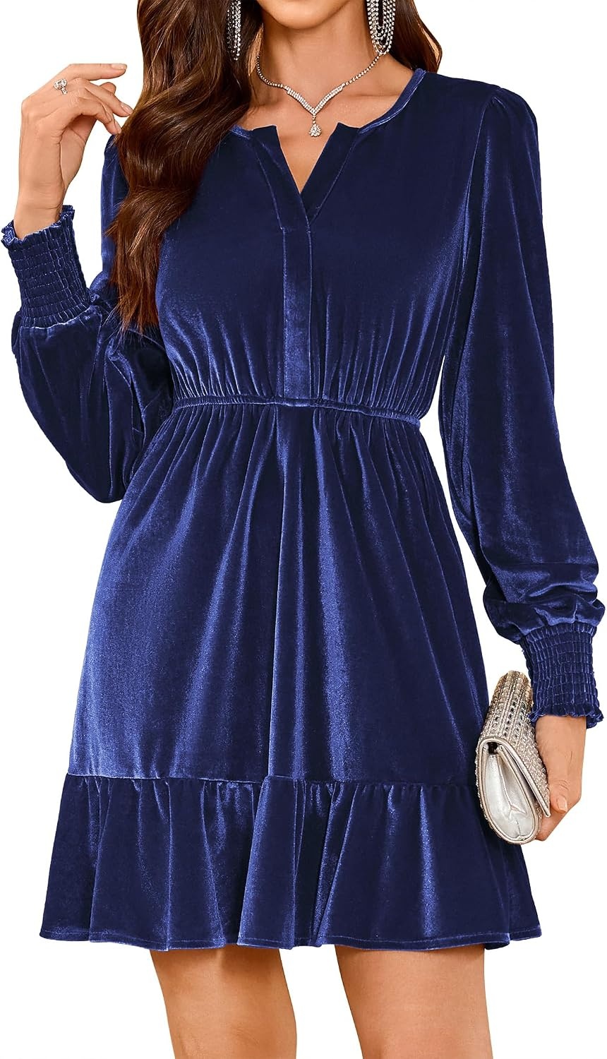 image:imageZAFUL Womens Velvet Dress V Neck Long Sleeve Cocktail Party DressesNavy Blue