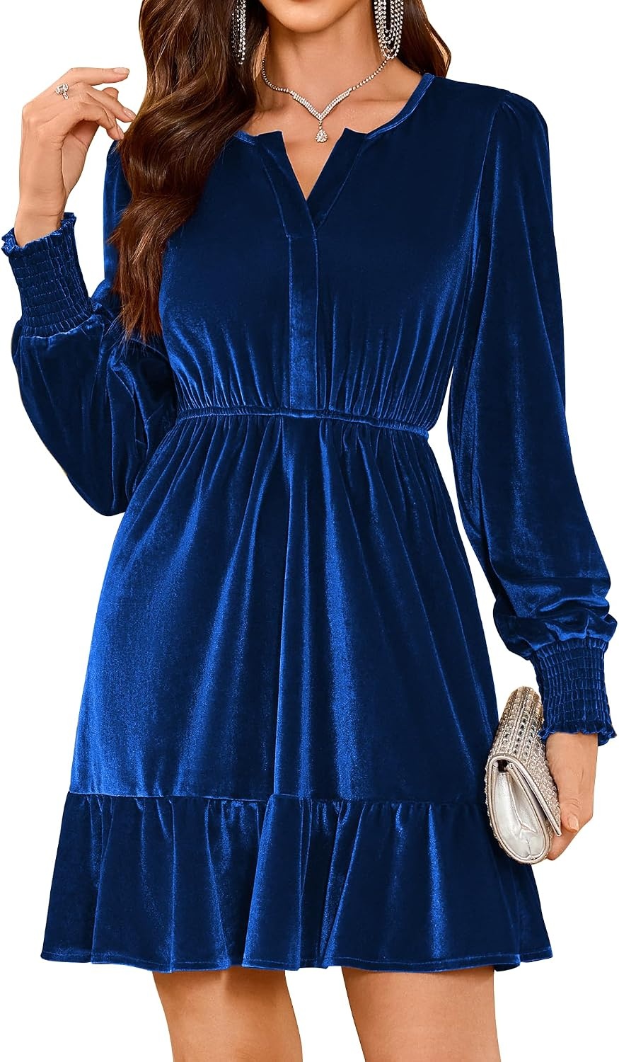 image:imageZAFUL Womens Velvet Dress V Neck Long Sleeve Cocktail Party DressesRoyal Blue