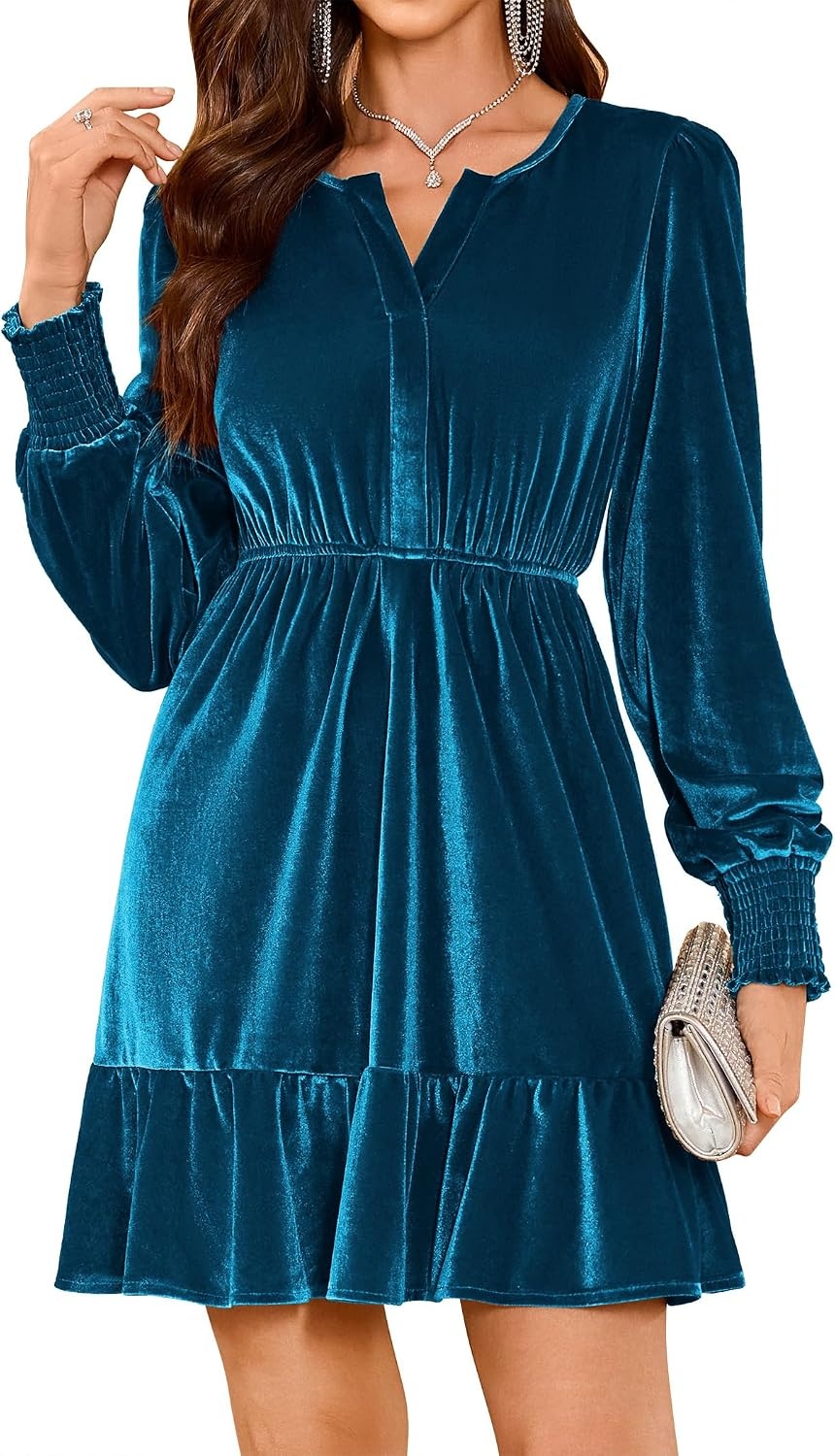 image:imageZAFUL Womens Velvet Dress V Neck Long Sleeve Cocktail Party DressesTeal