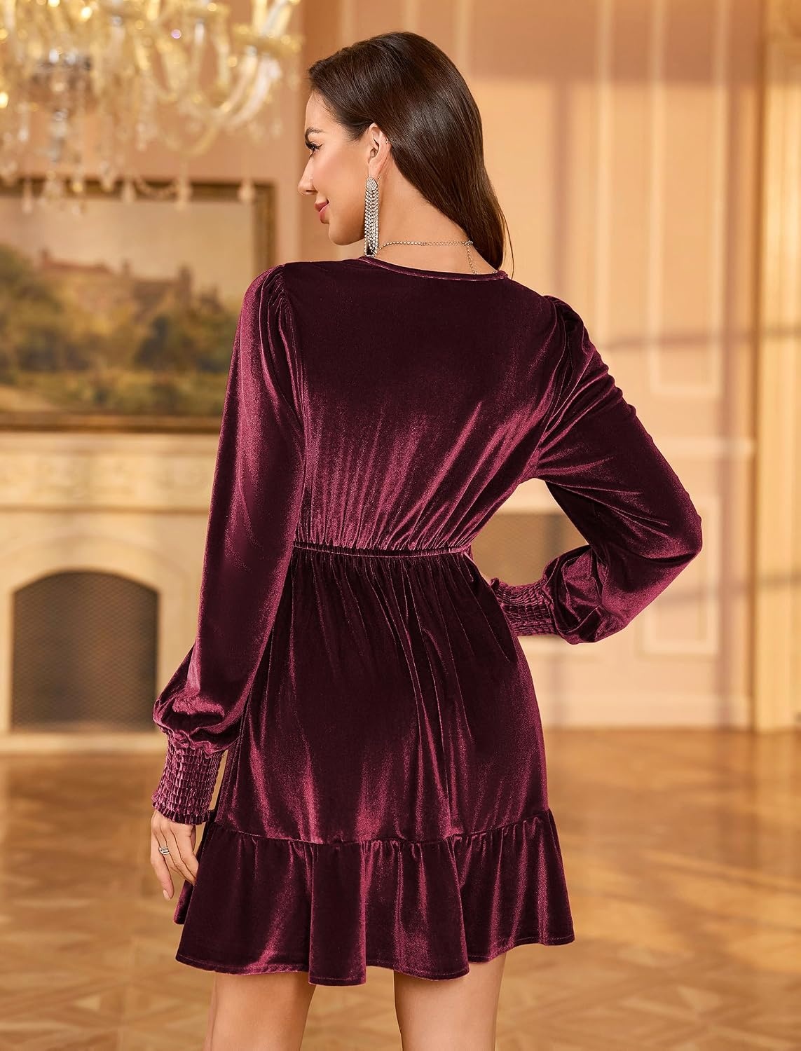 image:imageZAFUL Womens Velvet Dress V Neck Long Sleeve Cocktail Party DressesWine Red