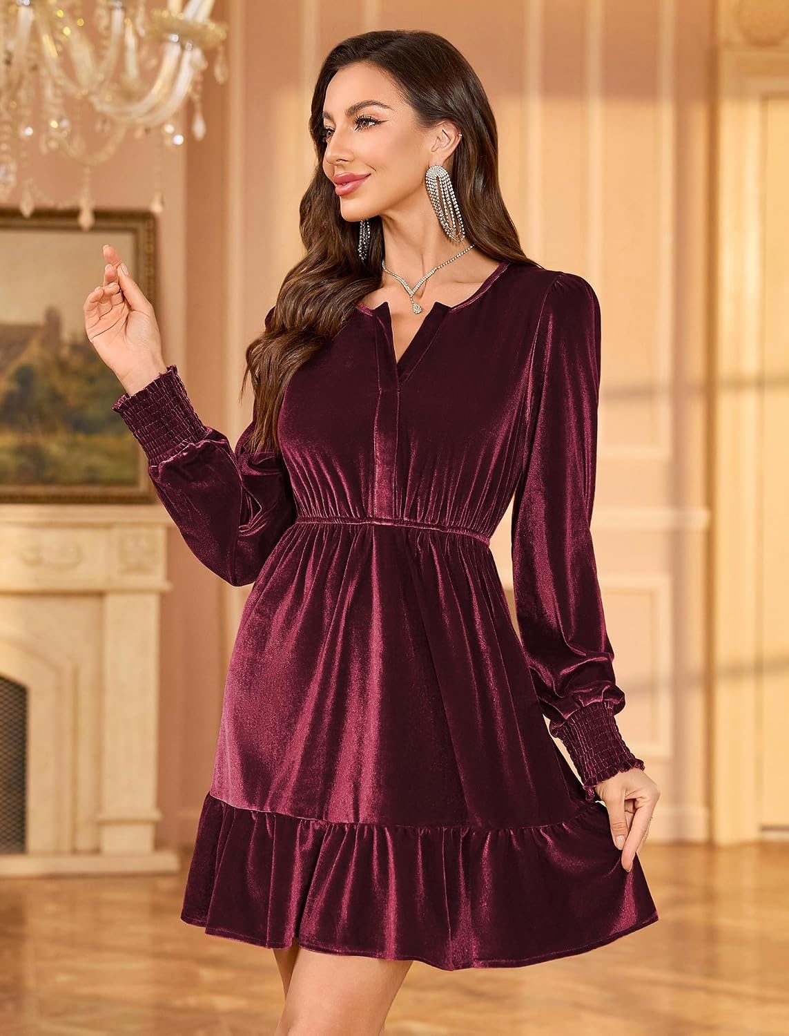 image:imageZAFUL Womens Velvet Dress V Neck Long Sleeve Cocktail Party DressesWine Red