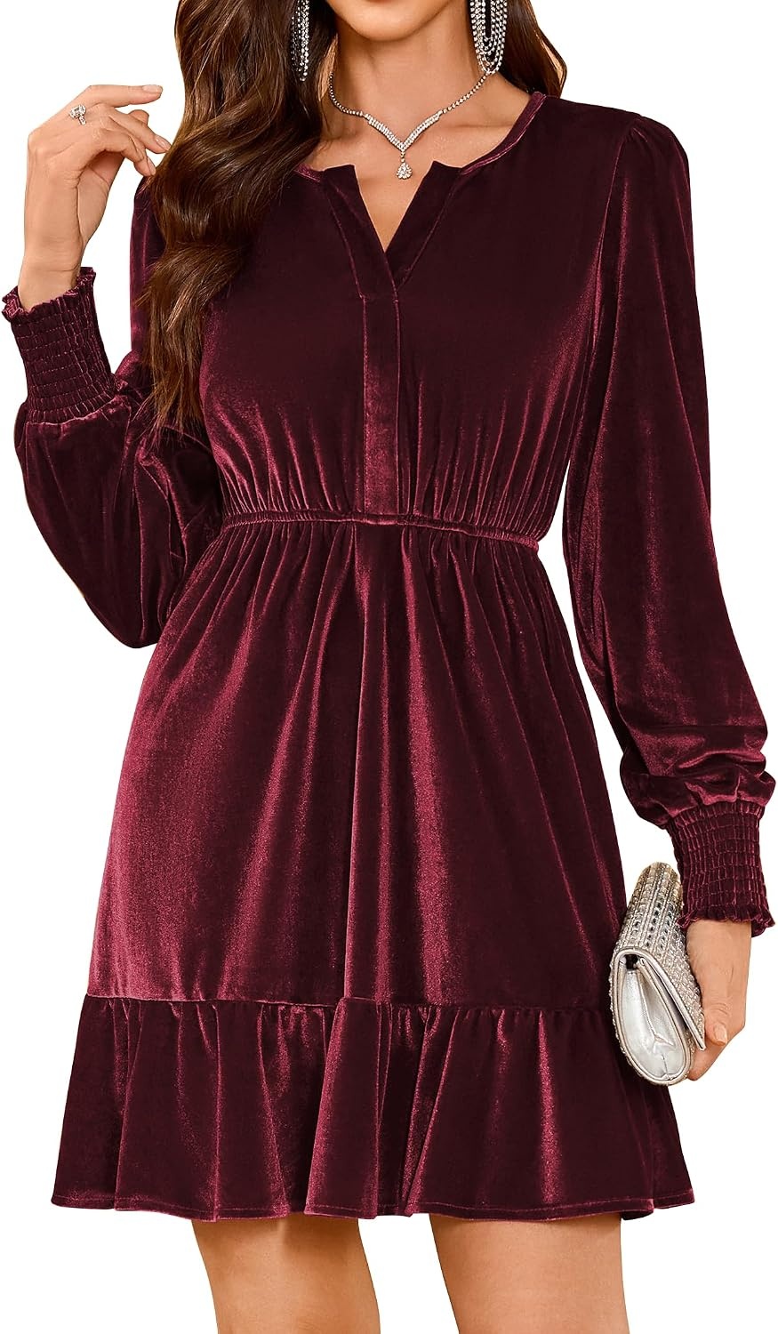 image:imageZAFUL Womens Velvet Dress V Neck Long Sleeve Cocktail Party DressesWine Red