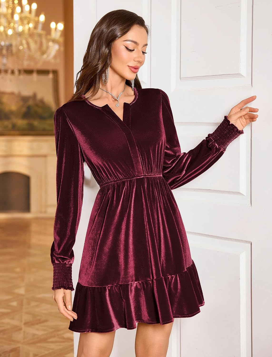 image:imageZAFUL Womens Velvet Dress V Neck Long Sleeve Cocktail Party DressesWine Red
