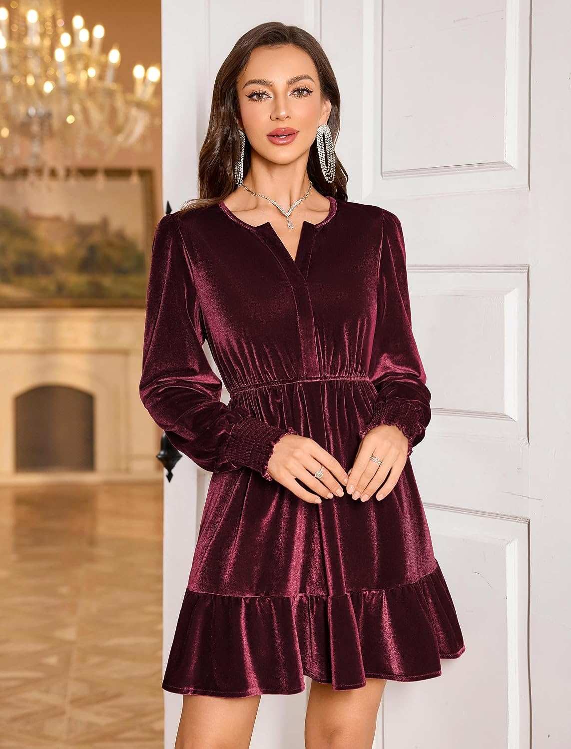 image:imageZAFUL Womens Velvet Dress V Neck Long Sleeve Cocktail Party DressesWine Red