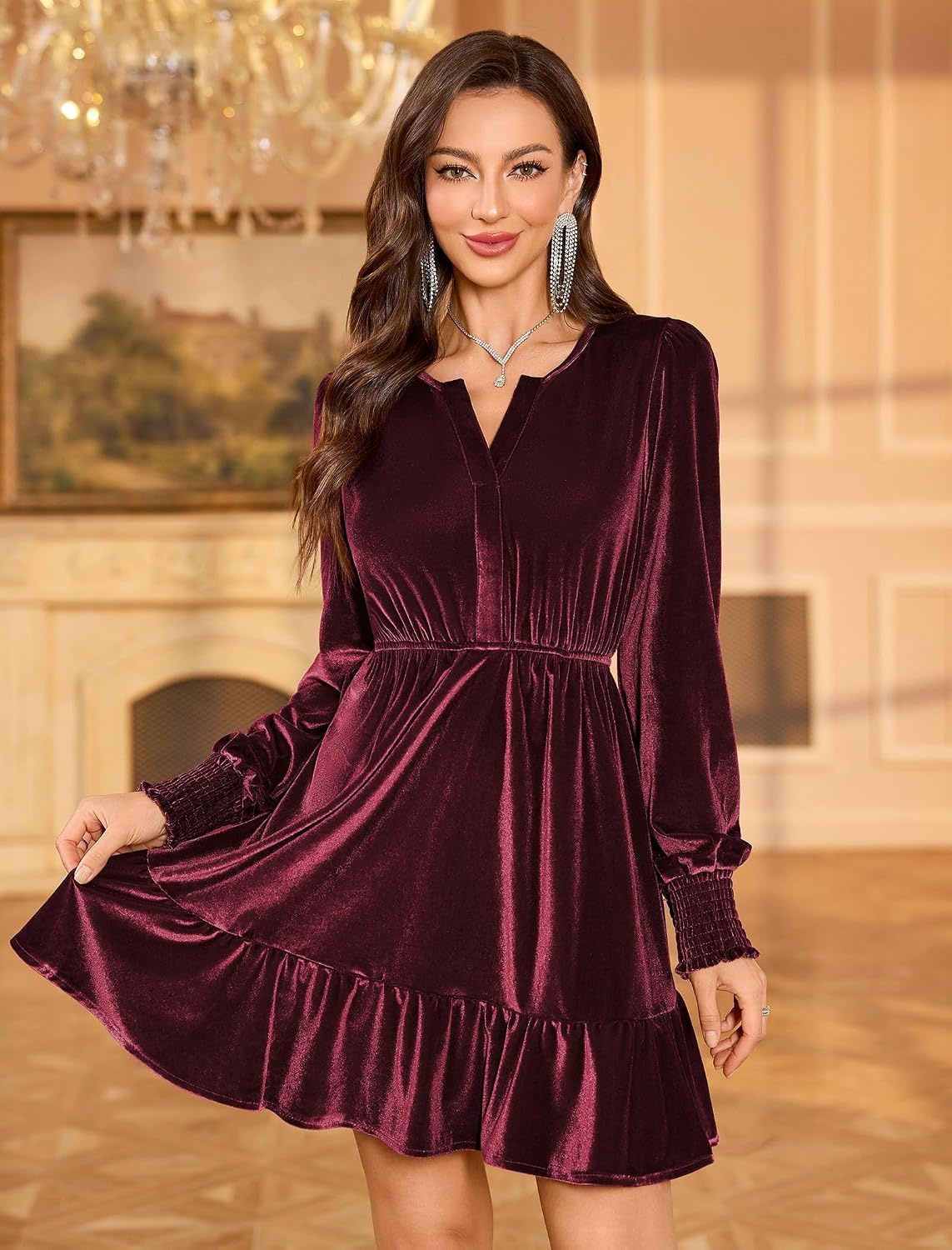 image:imageZAFUL Womens Velvet Dress V Neck Long Sleeve Cocktail Party DressesWine Red