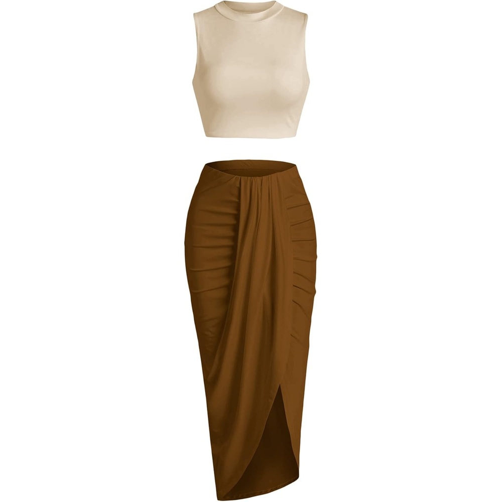 image:imageZAFUL 2 Piece Skirt Sets for Women Crop Top Ruched Maxi Skirt SuitingBbeige  Coffee