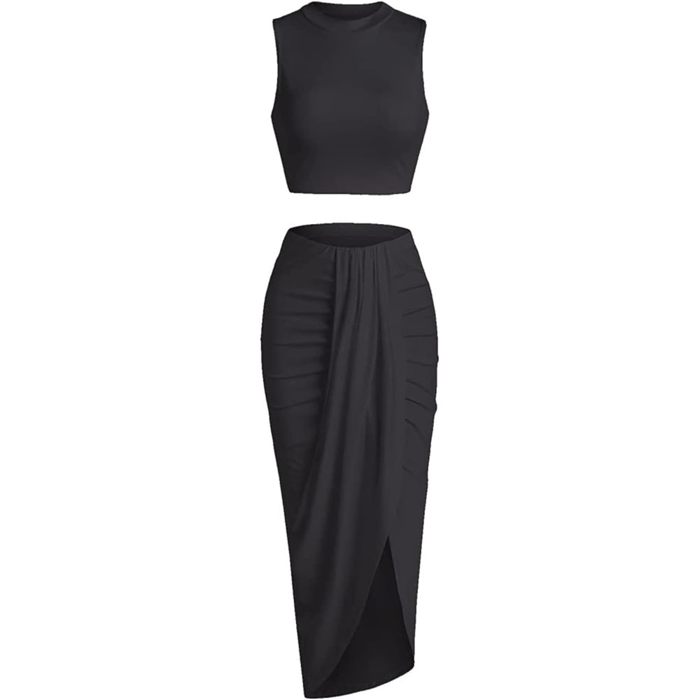image:imageZAFUL 2 Piece Skirt Sets for Women Crop Top Ruched Maxi Skirt SuitingBblack