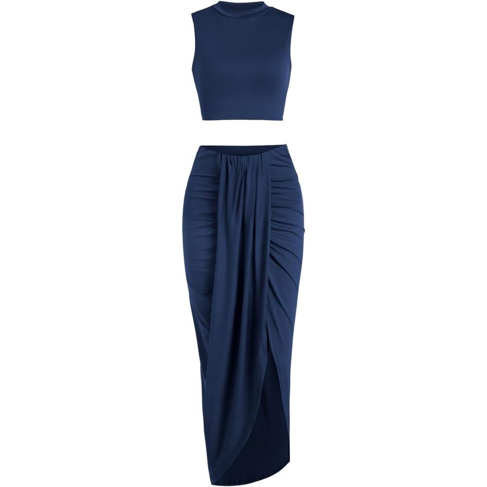 image:imageZAFUL 2 Piece Skirt Sets for Women Crop Top Ruched Maxi Skirt SuitingBblue