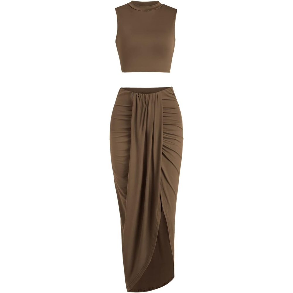 image:imageZAFUL 2 Piece Skirt Sets for Women Crop Top Ruched Maxi Skirt SuitingBbrown