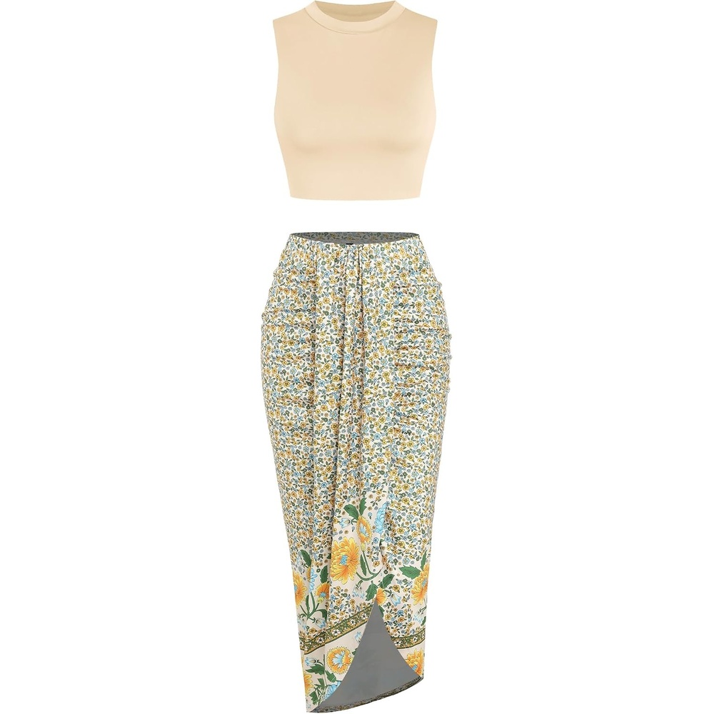 image:imageZAFUL 2 Piece Skirt Sets for Women Crop Top Ruched Maxi Skirt SuitingBfloral Beige