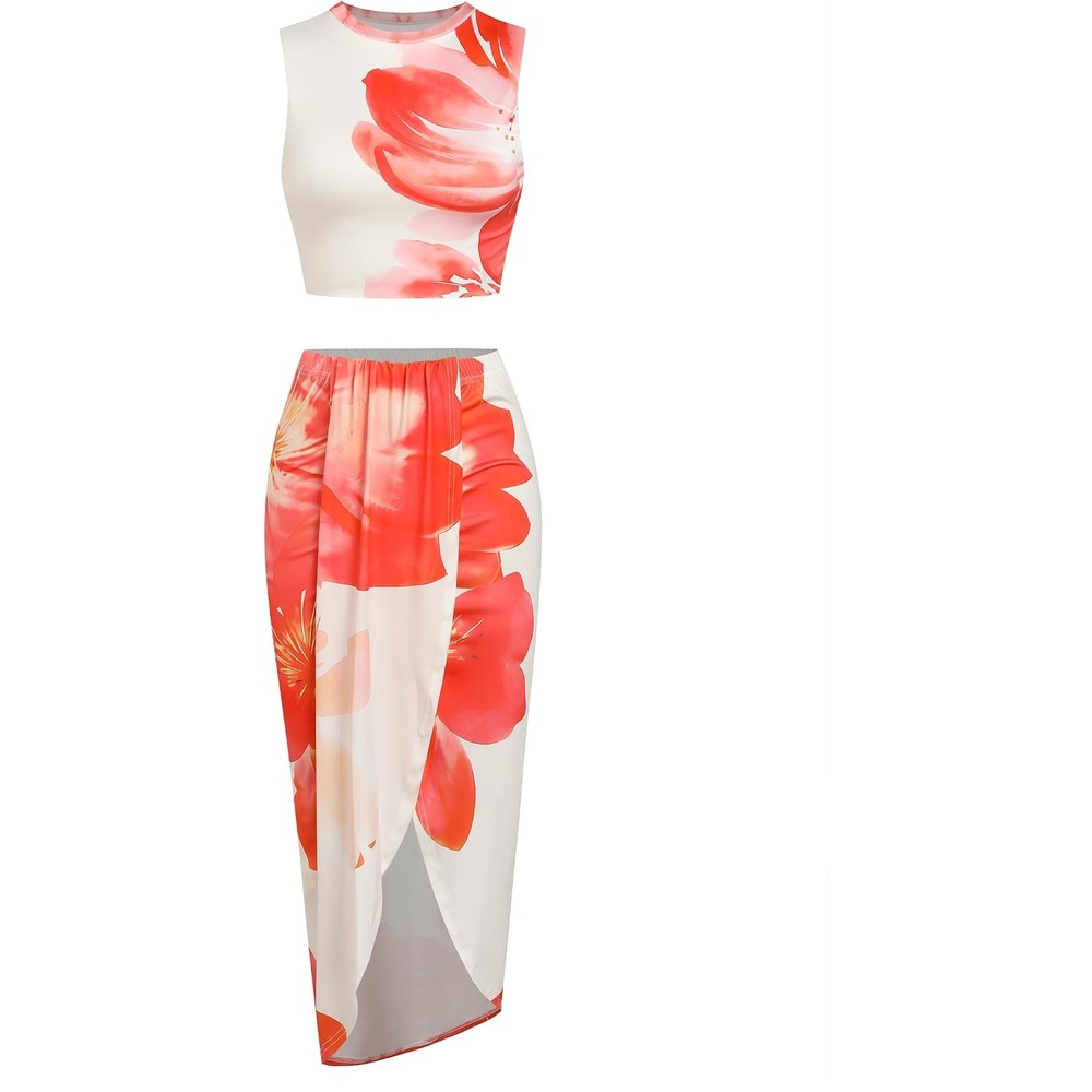 image:imageZAFUL 2 Piece Skirt Sets for Women Crop Top Ruched Maxi Skirt SuitingBfloral White