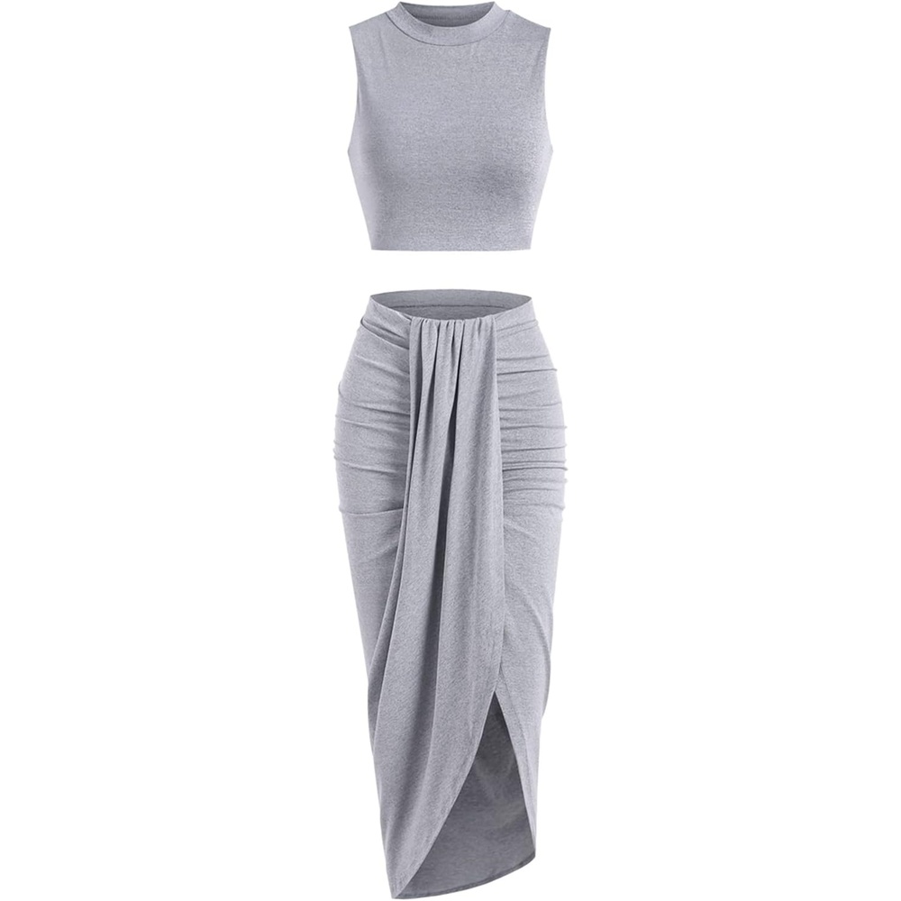 image:imageZAFUL 2 Piece Skirt Sets for Women Crop Top Ruched Maxi Skirt SuitingBgray
