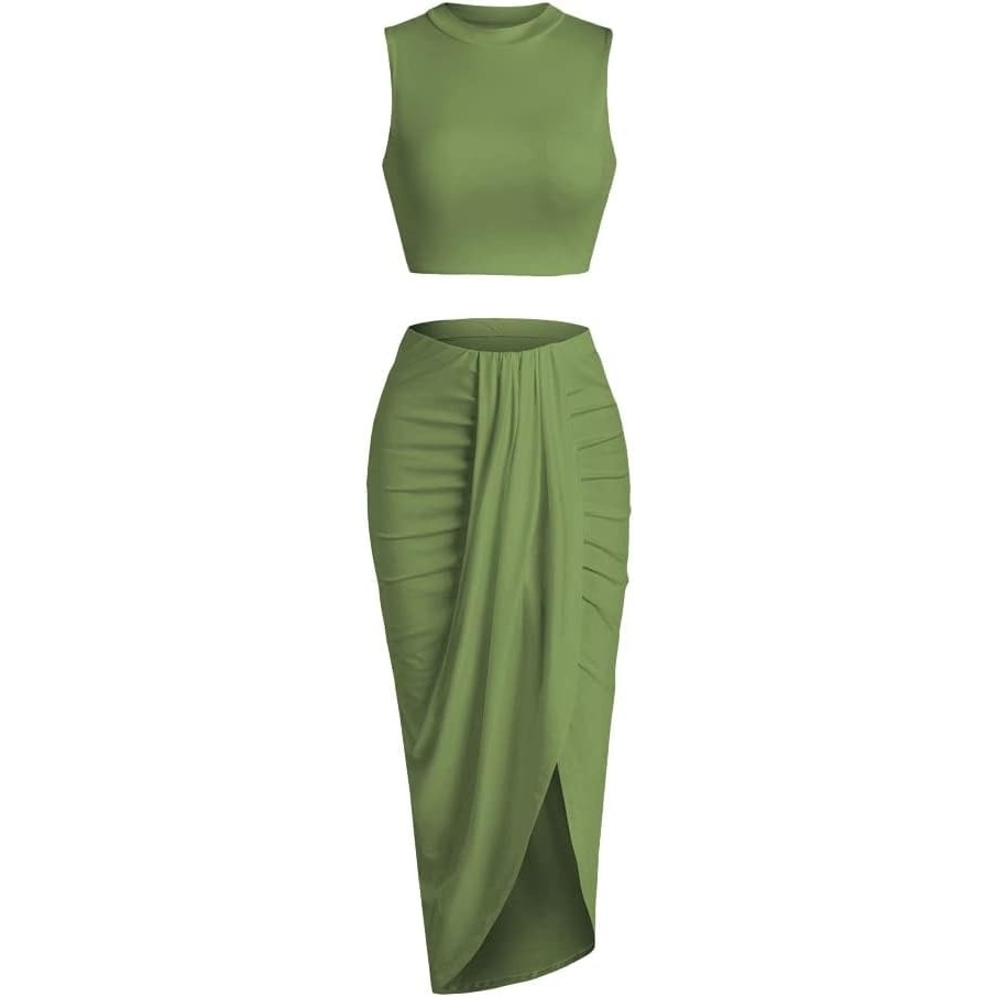 image:imageZAFUL 2 Piece Skirt Sets for Women Crop Top Ruched Maxi Skirt SuitingBgreen