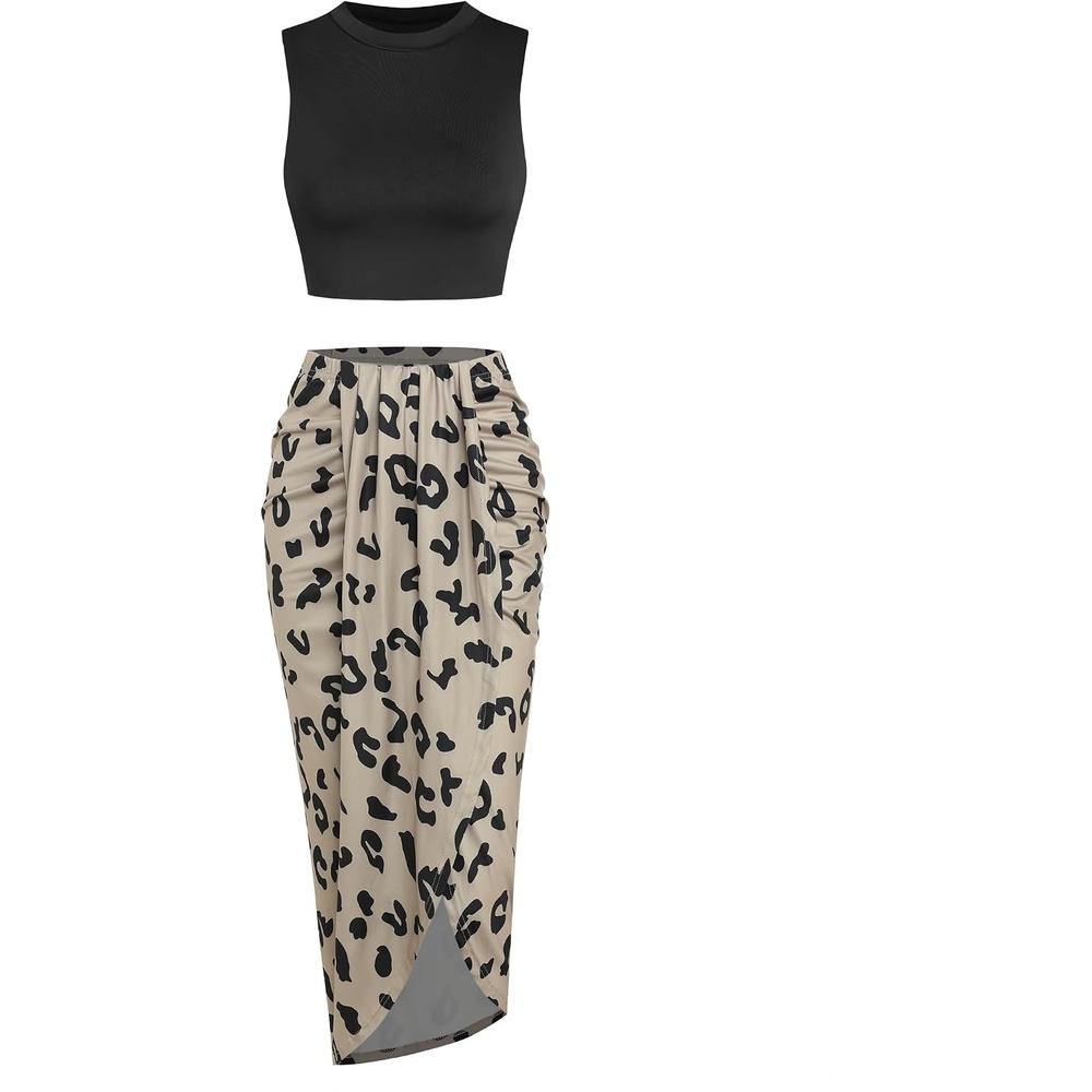 image:imageZAFUL 2 Piece Skirt Sets for Women Crop Top Ruched Maxi Skirt SuitingBleopard Black