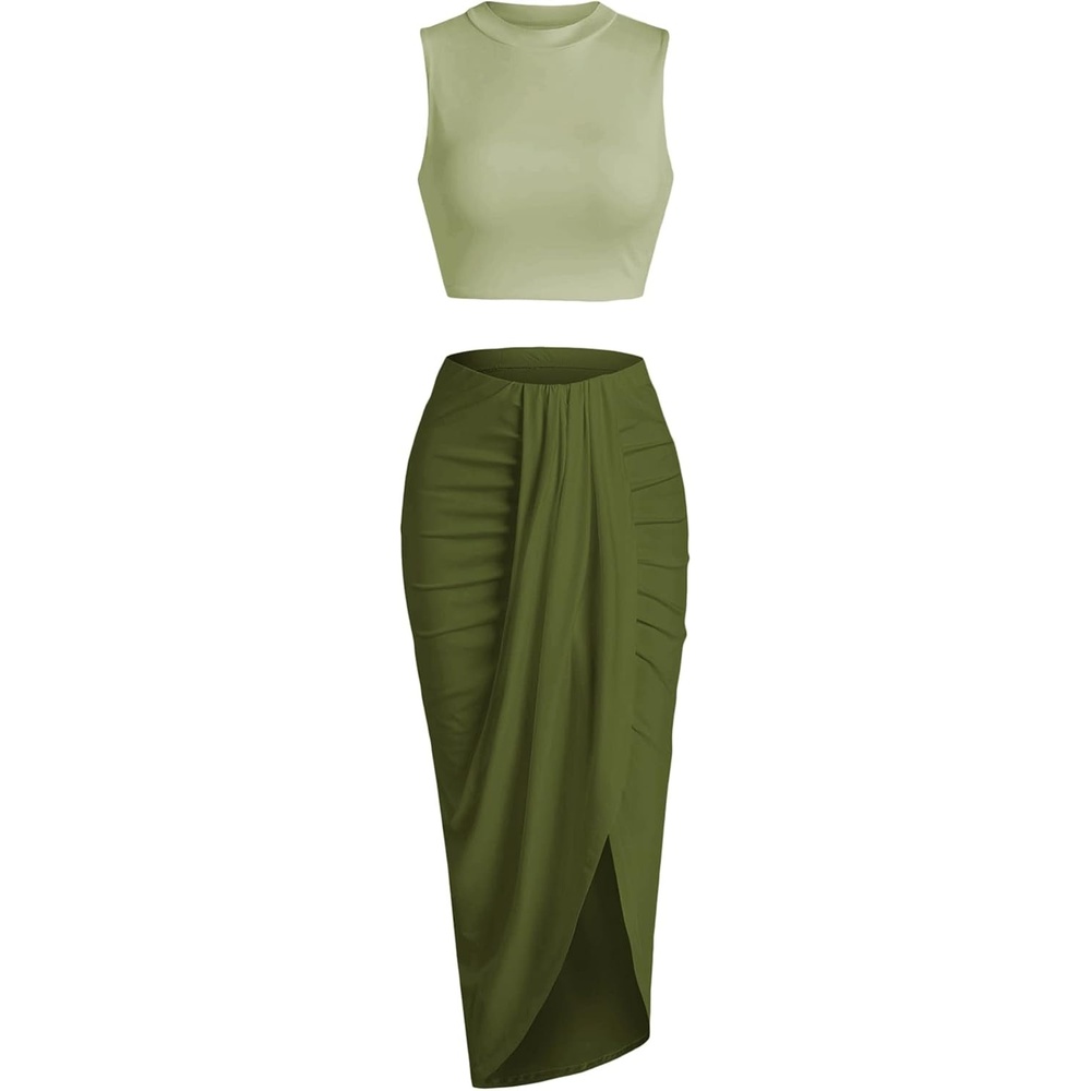 image:imageZAFUL 2 Piece Skirt Sets for Women Crop Top Ruched Maxi Skirt SuitingBmix Green