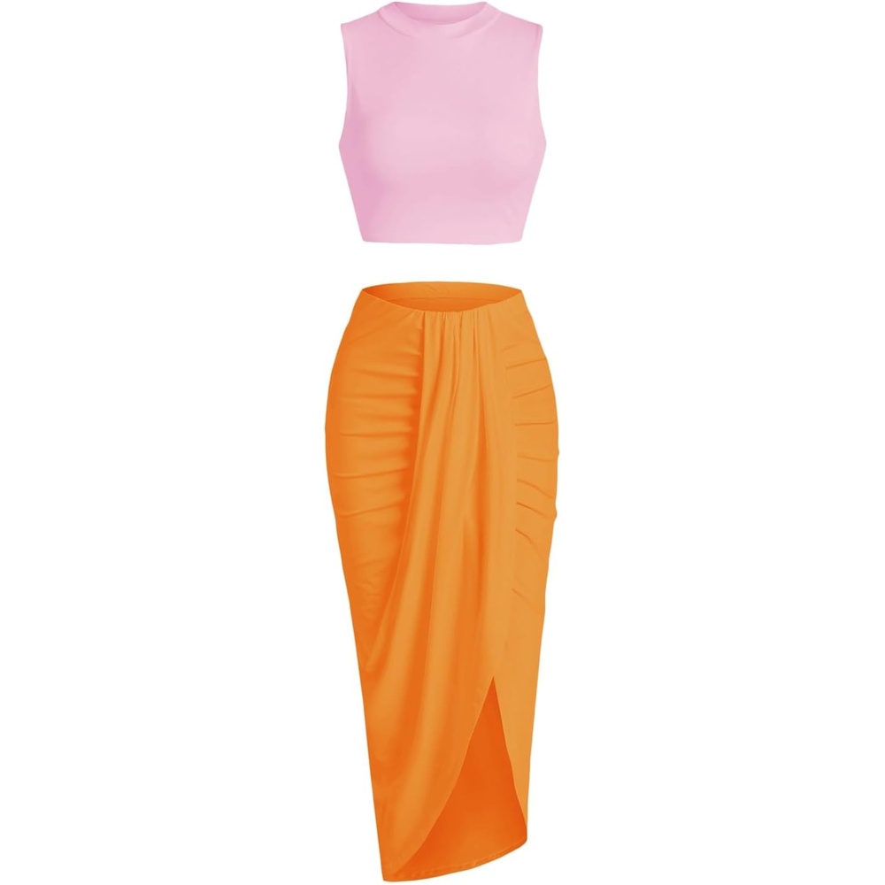 image:imageZAFUL 2 Piece Skirt Sets for Women Crop Top Ruched Maxi Skirt SuitingBpink Orange