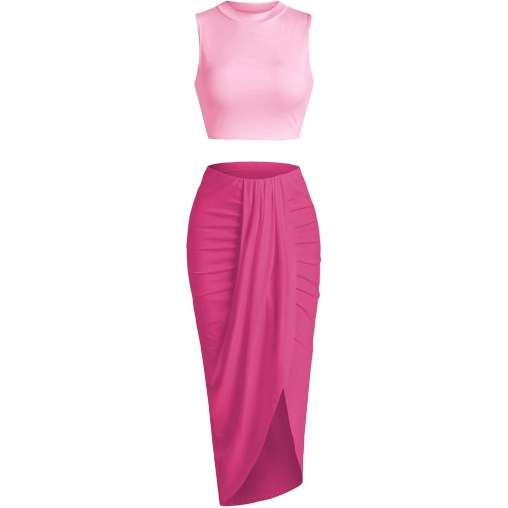 image:imageZAFUL 2 Piece Skirt Sets for Women Crop Top Ruched Maxi Skirt SuitingBpink Rose Color Block