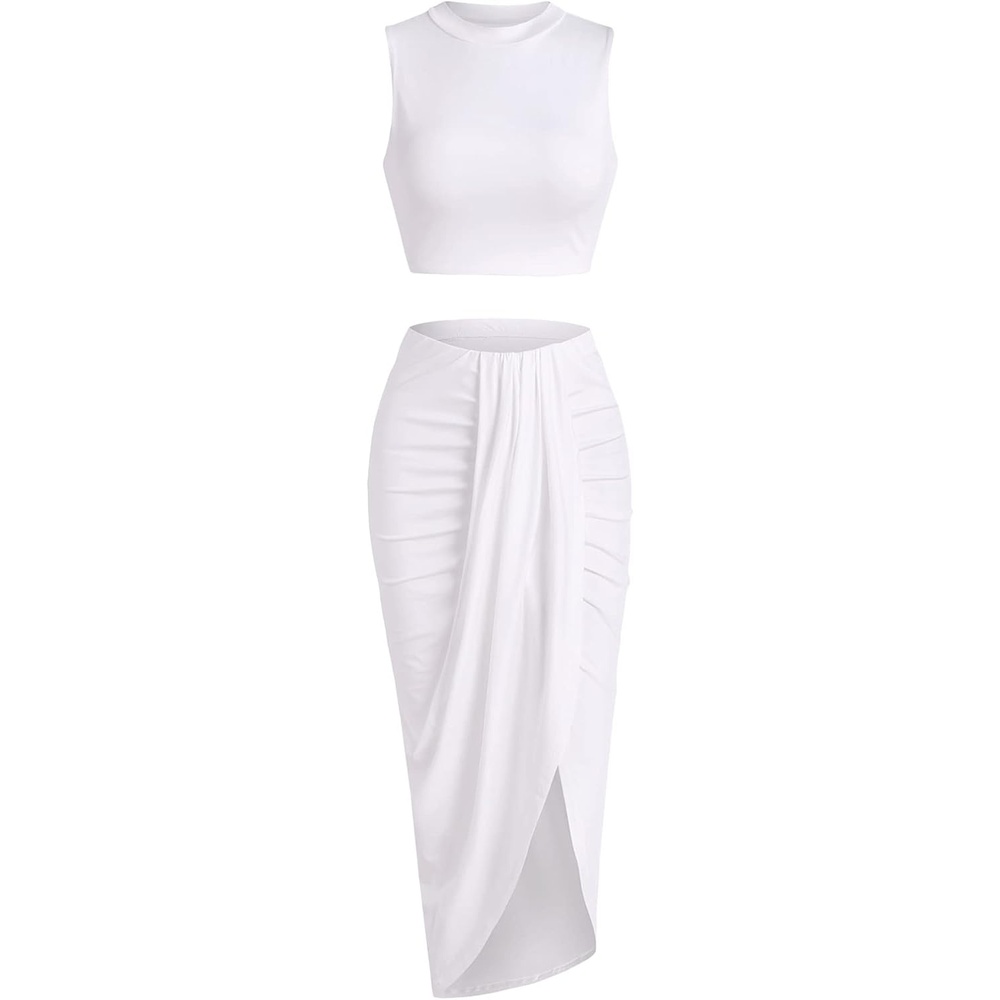 image:imageZAFUL 2 Piece Skirt Sets for Women Crop Top Ruched Maxi Skirt SuitingBwhite