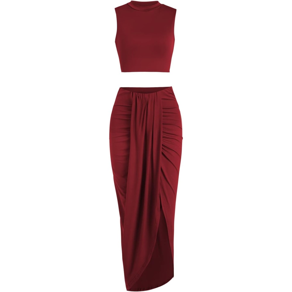image:imageZAFUL 2 Piece Skirt Sets for Women Crop Top Ruched Maxi Skirt SuitingBwine Red