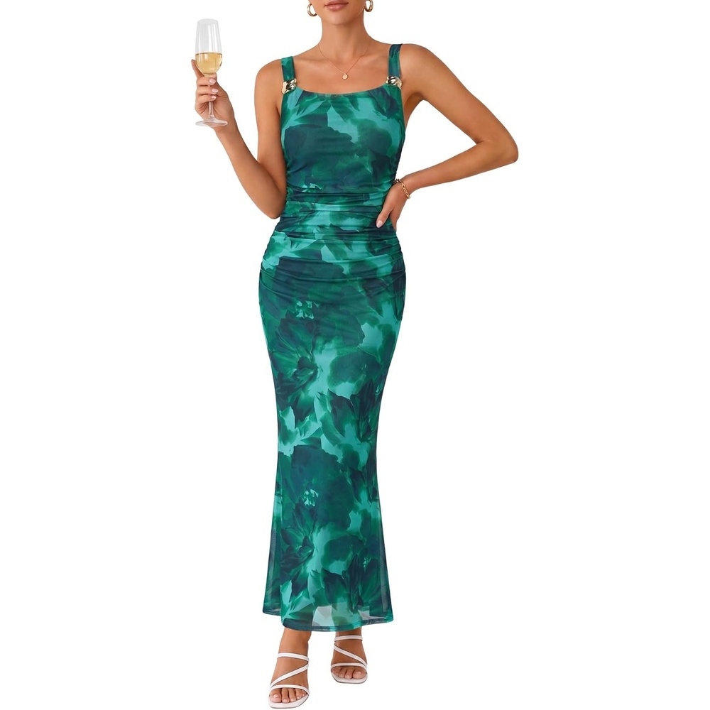 image:imageZAFUL Formal Dresses for Women Wedding Guest Cocktail Ruched Bodycon DressFloral Green
