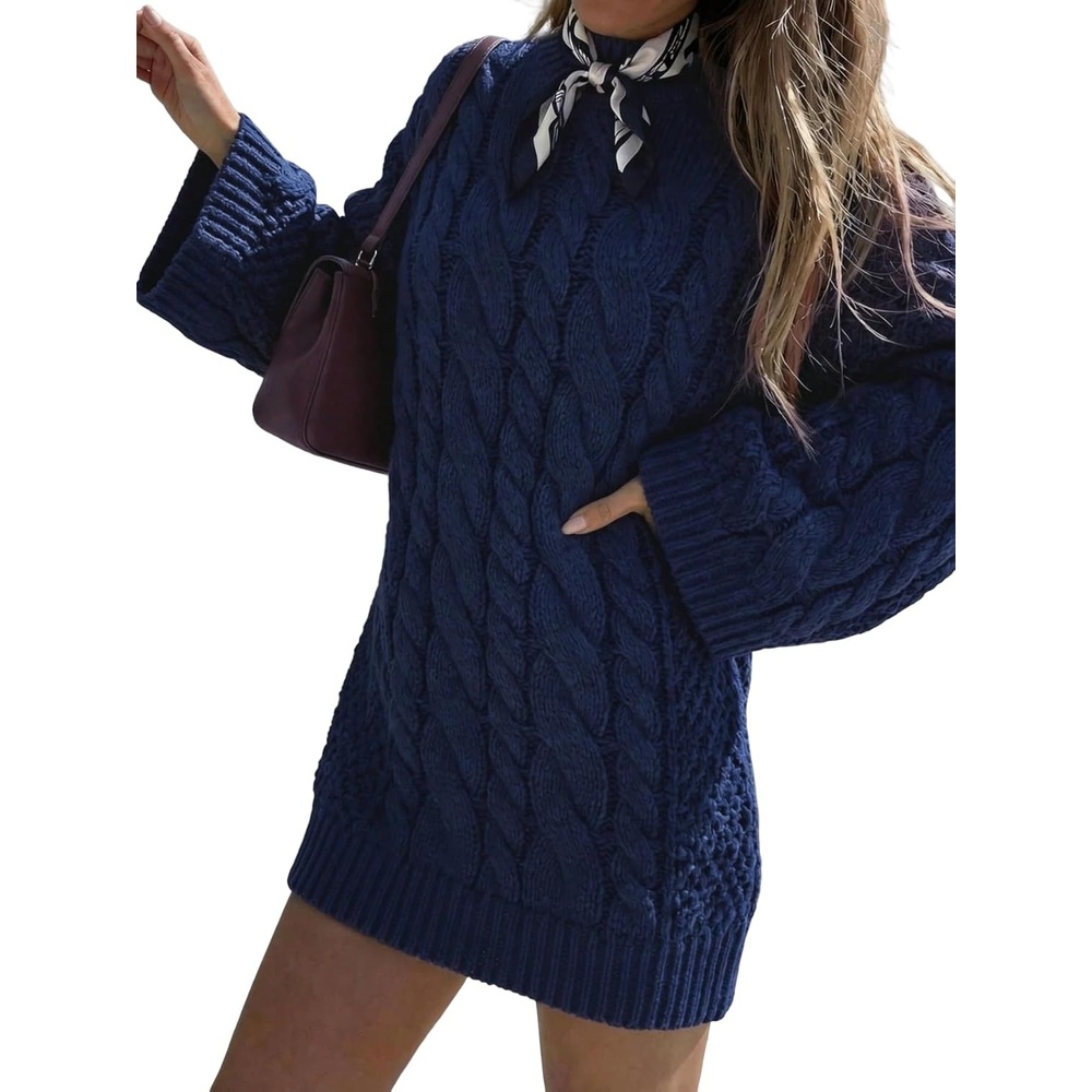 image:imageZAFUL Women Cable Knit Sweater Dress Oversized Long Sleeve Mini PulloveBlue