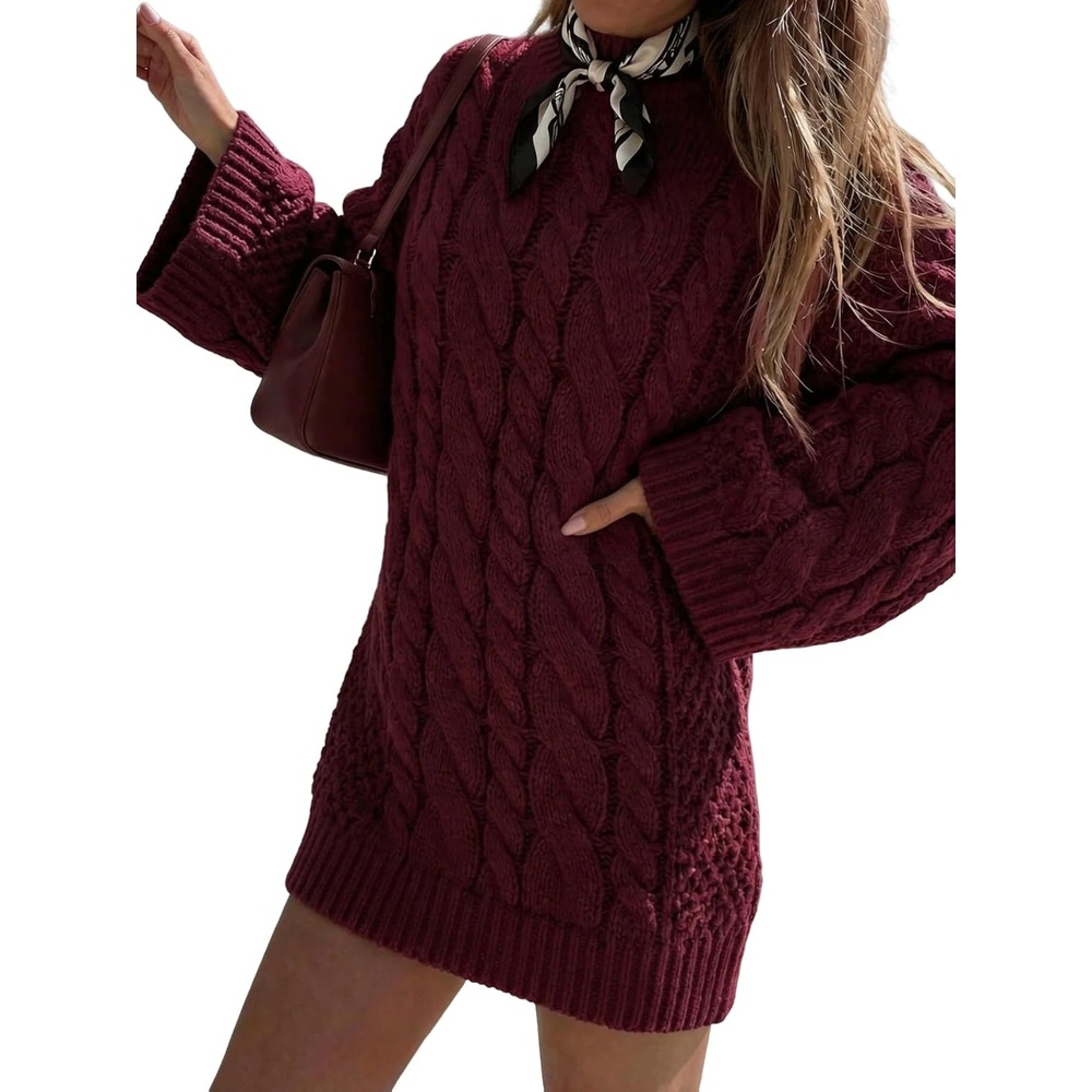 image:imageZAFUL Women Cable Knit Sweater Dress Oversized Long Sleeve Mini PulloveRed