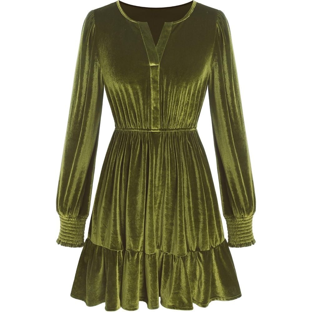image:imageZAFUL Womens Velvet Dress V Neck Long Sleeve Cocktail Party DressesArmy Green