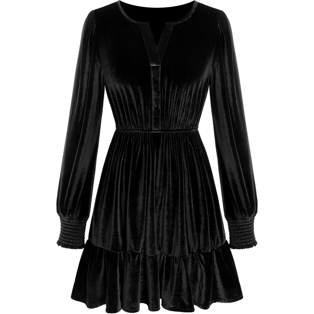 image:imageZAFUL Womens Velvet Dress V Neck Long Sleeve Cocktail Party DressesBlack