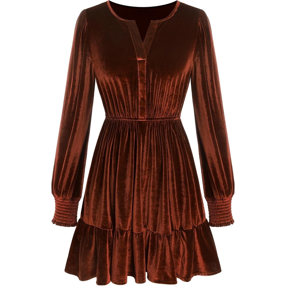 image:imageZAFUL Womens Velvet Dress V Neck Long Sleeve Cocktail Party DressesBrown