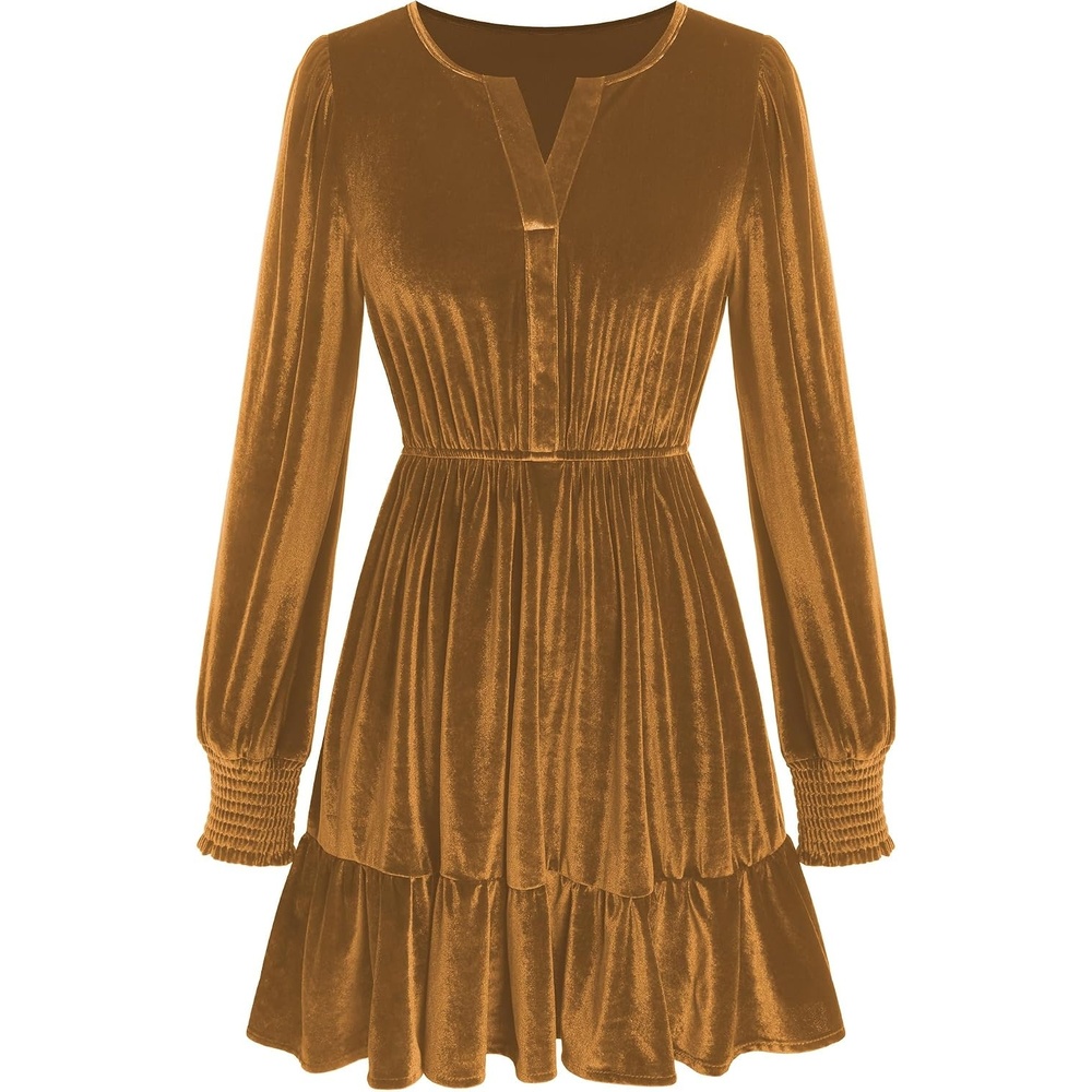 image:imageZAFUL Womens Velvet Dress V Neck Long Sleeve Cocktail Party DressesGold