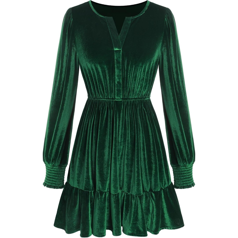 image:imageZAFUL Womens Velvet Dress V Neck Long Sleeve Cocktail Party DressesGreen