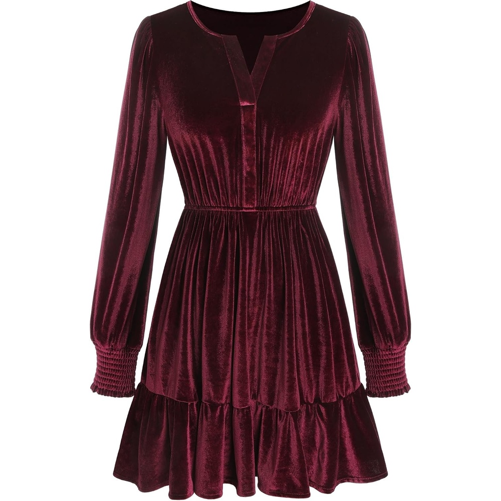 image:imageZAFUL Womens Velvet Dress V Neck Long Sleeve Cocktail Party DressesWine Red