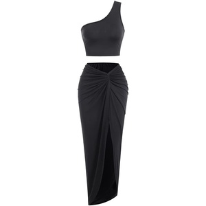 ZAFUL 2 Piece Skirt Sets for Women Crop Top Ruched Maxi Skirt Suiting(1-black)